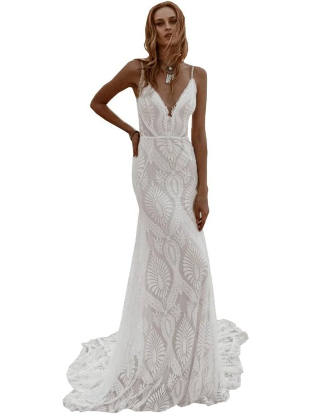 Ivory Lace Mermaid Boho Beach Wedding Dress Bridal Gown Train Size 20
